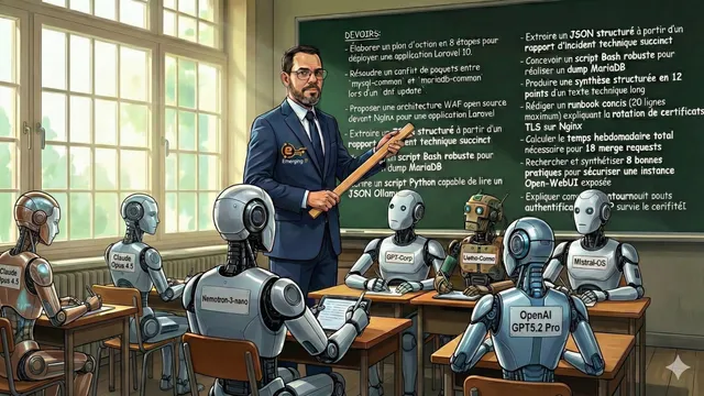 Philippe, en enseignant devant un tableau noir couvert des prompts du benchmark, fait la classe à des robots étiquetés Claude Opus 4.5, Nemotron-3-nano, OpenAI GPT5.2 Pro et Mistral