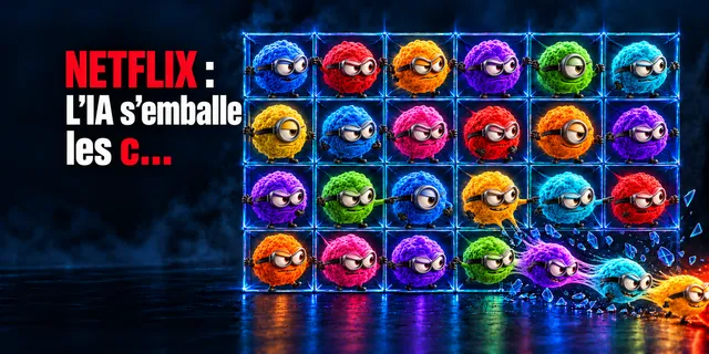 Le titre « NETFLIX : L’IA s’emballe les c… » à côté d’une grille de cases lumineuses d’où des boules colorées à lunettes s’échappent en brisant la paroi